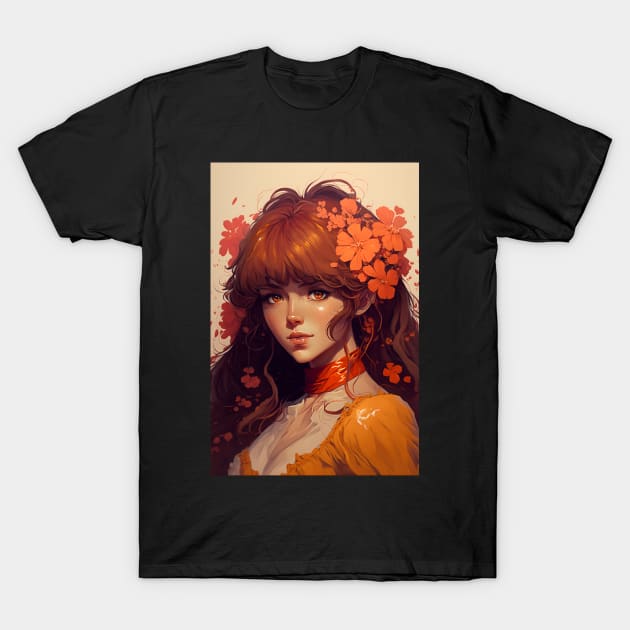 Beautiful Anime Girl from a Medieval World Flowered Hair T-Shirt by Bubblebug